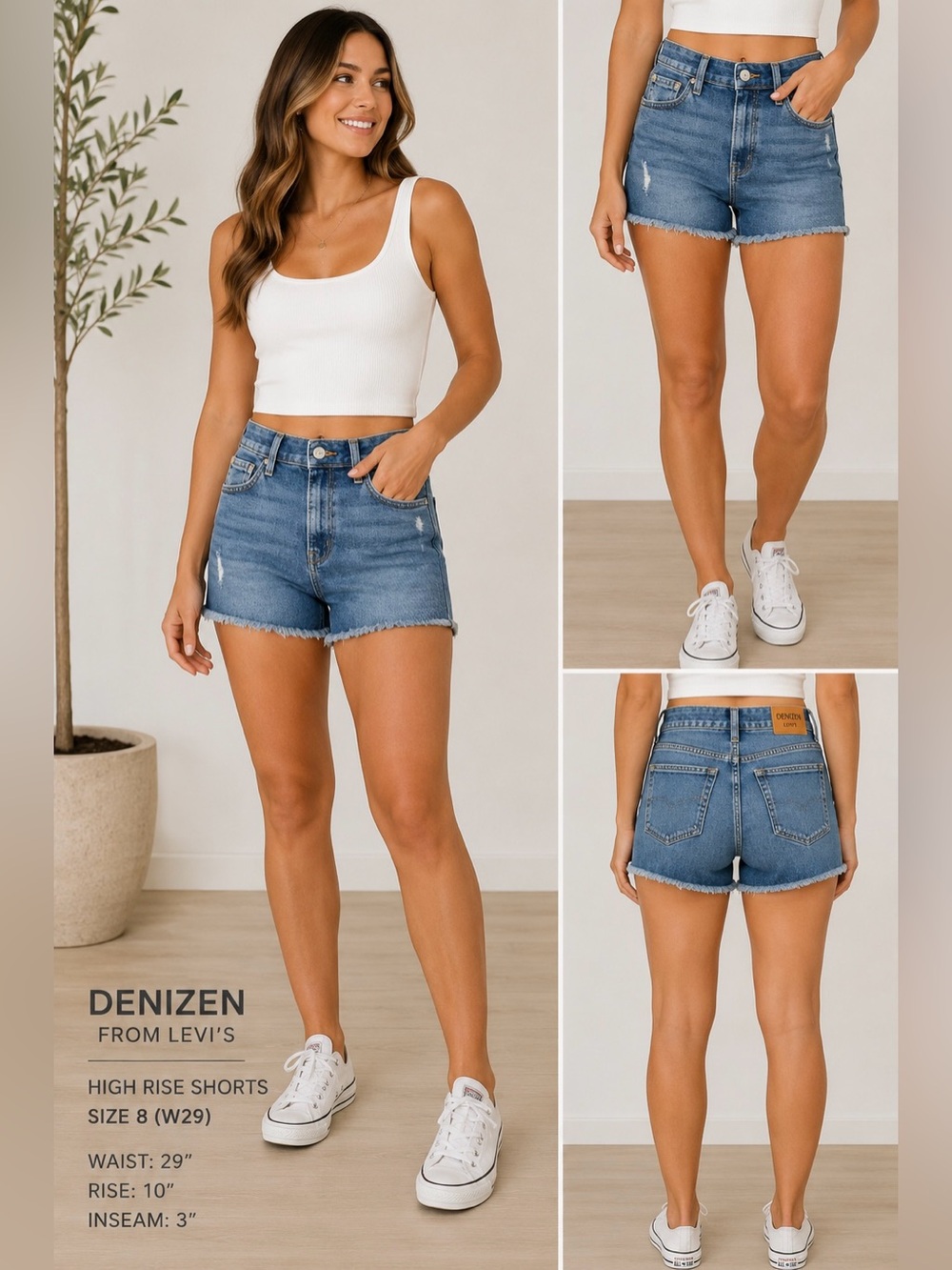 Denizen From Levi’s High Rise Distressed Denim Shorts Size 8 W29 Raw Hem Stretch